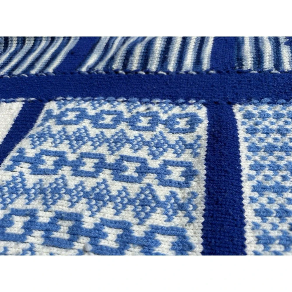 Vintage Hand Knit Crochet Afghan Throw Blue White Pattern Letters Numbers 1988